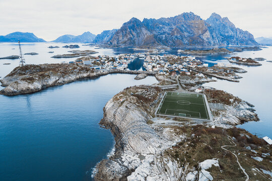 soccer field on the cliffs of Henningsv√¶r by the sea