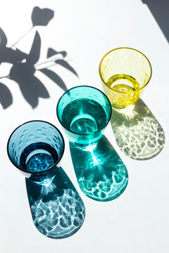 Coloured glass cups filled with water under the strong sunlight