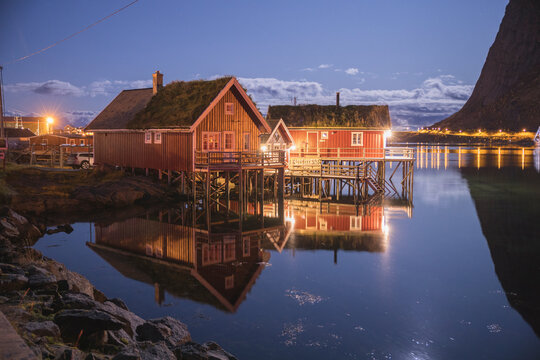 palatial houses typical of the lofoten islands at night