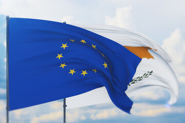 Waving European Union flag and flag of Cyprus. Closeup view, 3D illustration.