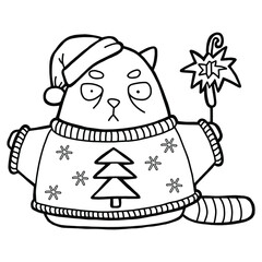 Vector illustration. Hand drawing cartoon character. Sad cat wearing santa claus hat, christmas sweater. Christmas illustration. Cat with a Bengal fire. Coloring page.  Exot cat.