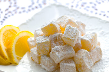 Traditional Turkish Delight. Clean background, traditional presentation.