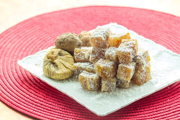 Traditional Turkish Delight. Clean background, traditional presentation.