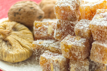 Traditional Turkish Delight. Clean background, traditional presentation.