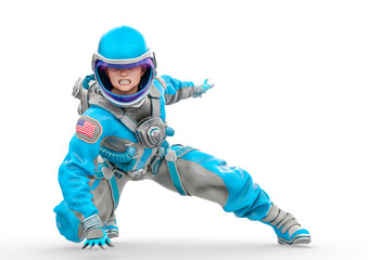 american astronaut is crouched in action on a space outfit portrait