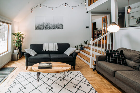 modern scandinavian living room interior with couch and lighting
