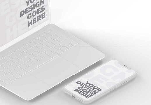 Closeup of White Smartphone and Laptop Computer Isolated on White Background with Perspective View