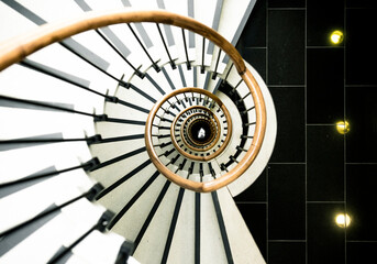Overhead view of black and white stairwell