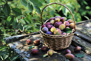 Fresh ripe plums in a basket on a wooden table in the garden.