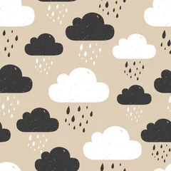 Foto op Canvas Seamless pattern with black and white clouds on beige background. Vector illustration © nasty__bo
