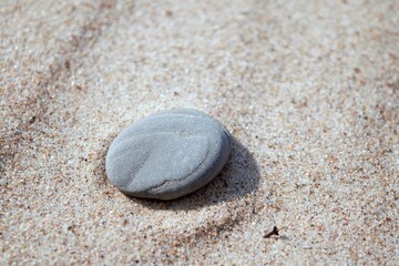Fototapeta na wymiar A flat stone lying on the beach sand.