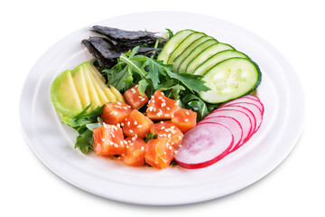 Salmon cucumber avocado Poke bowl on a white isolated background