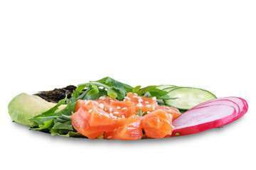 Salmon cucumber avocado Poke bowl on a white isolated background