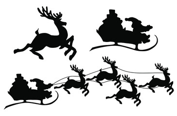 Silhouette of Santa Claus flying in a reindeer sled. Element for design. Christmas card. Christmas, holiday, greetings.