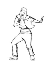 A rough, linear pencil sketch. A girl in clothes dancing a modern dance. Raster illustration.