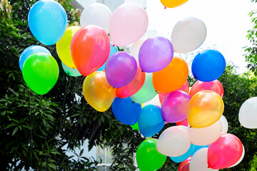 Colorful balloons filled with gas tied to the thread are flying.