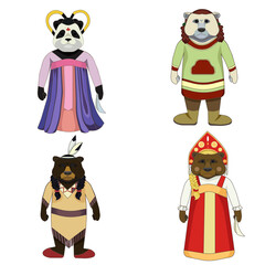 Set of bears in traditional clothes from different cultures in Cartoon style, vector stock illustration on white isolated background, concept of Wild Animals and Nature, Fashion and Ethical clothes.