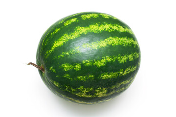 a whole green watermelon on a white background, side view
