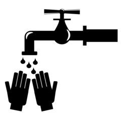 black and white illustration of a tap with flowing water on your hands and the words 