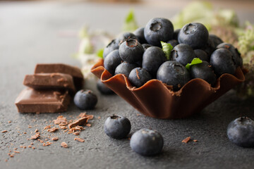 Closeup of chocolate tart with blueberries and freshly chopped chocolate on a black background.