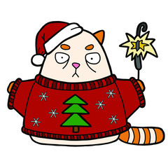 Vector illustration. Hand drawing cartoon character. Sad cat wearing santa claus hat, christmas sweater. Christmas illustration. Cat with a Bengal fire. Exot cat.