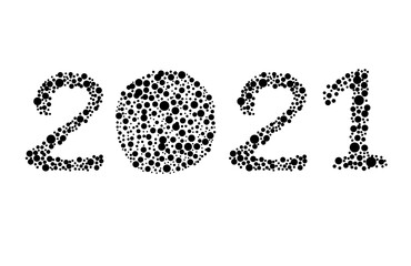 Happy new year 2021 template. The numbers are drawn in black using circles and dots. Design for banner, greeting card, brochure or print. Drawing isolated on white background