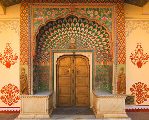 Lotus gate door in pink city at City Palace of Jaipur, India