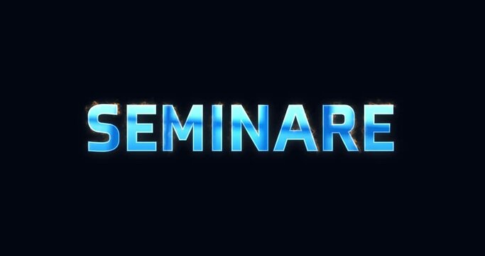 Seminare. Blauer Text als Logo Intro. Elektrisch leuchtendes Wort.