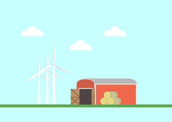 Red barn with bales of hay and wind generators nearby. Vector illustration flat style.