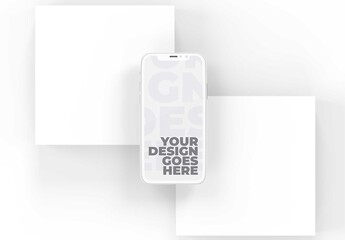 Top View Mockup of White Clay Smartphone with Two White Tiles Background