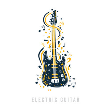Hand drawn electric guitar with notes, ribbons and dots around it.  Rock and roll creative design guitar.  Can be used for poster, t-shirt, music festival banner, cover, logo. 