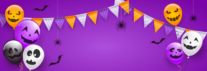 Scary Balloons and Spiders on Purple Halloween Background