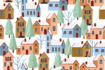 Naklejka premium Winter houses seamless pattern