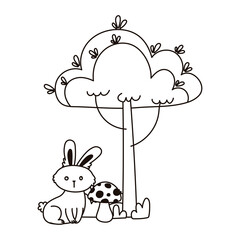 cute rabbit tree mushroom bush autumn season