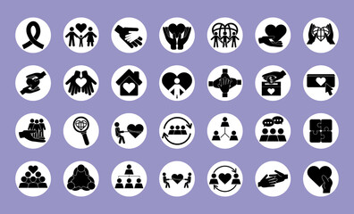 together, community relation friendly unity social block icons set
