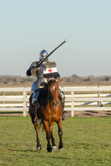 Knight riding horse with lance and shield to joust