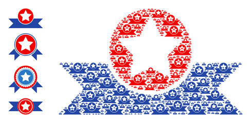 Vector star award with ribbons collage is constructed of random recursive star award with ribbons icons. Recursion mosaic of star award with ribbons. Some other icons are present in this vector.