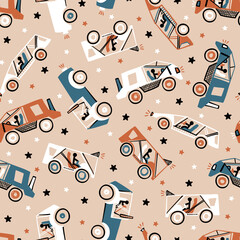 Toy Racing Car Vector Seamless Pattern. Buggy Car and Stars Doodle. Cartoon Transportation Background for Kids with Retro Colors