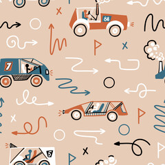 Car Racing Vector Seamless Pattern. Doodle Buggy Car and Arrows Pointers. Cartoon Toy Transportation Background for Kids Retro Colors