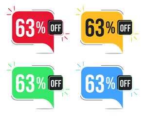 63% off. Red, yellow, green and blue tags with sixty-three percent discount. Banner with four colorful balloons with special offers vector.