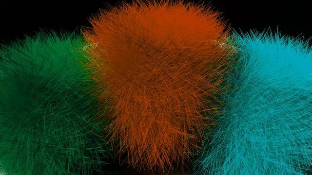 growing furry pompons on black background. Funny hairy multicolored circle objects in green, red and turquoise, abstract animated movie, 3d render