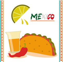 mexican independence day, traditonal food taco tequila and chili pepper, celebrated on september