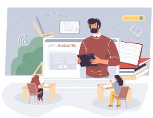 Student examination at physics math online lesson. Man teacher at huge laptop screen giving test for pupils sitting at desk. Virtual class. Distance education, remote science study. Home schooling