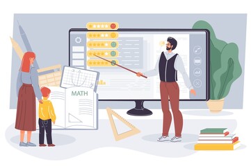 Teacher teaching math online showing student rate in class on computer screen. Mother, boy child engaged in learning from home. Distance education, remotely communication via video call