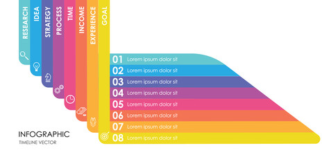 Vector infographic with 8 step in colorful rainbow structure. Rounded color connected L shapes. Simple diagram for presentation business concept.	