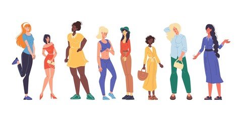 Obraz premium Pretty multiracial woman different physique, nationality, appearance set. Lady having variety height, weight, figure type and size dressed in casual clothes. Body positive movement. Beauty diversity