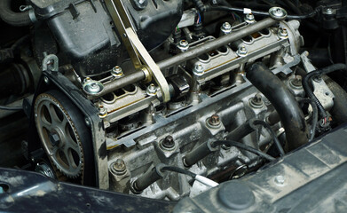 The engine of a modern car during repairs.      