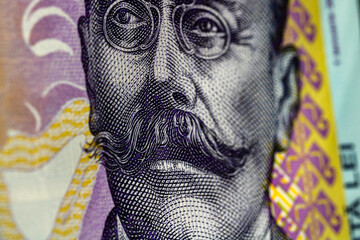 Selective focus on detail of lei banknotes. Close up macro detail of romanian lei banknotes, 100 lei isolated. World money concept, inflation and economy concept