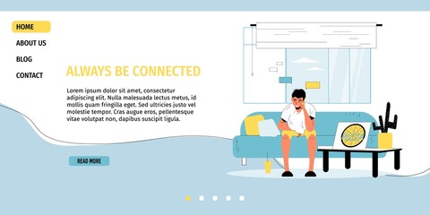 Always be connected theme. Young man eating pizza having call talking to friend via smartphone. Stay home. Wireless communication Unity, connection, technology concept. Landing page template