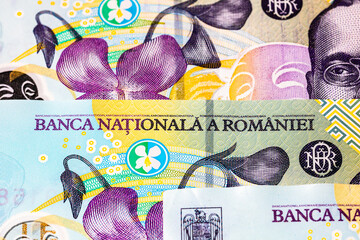 Selective focus on detail of lei banknotes. Close up macro detail of romanian lei banknotes, 100 lei isolated. World money concept, inflation and economy concept